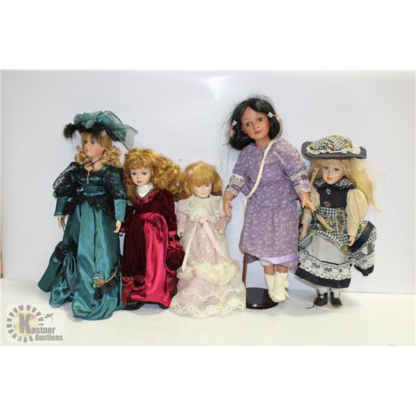 LOT OF 5 PORCELAIN FACED DOLLS