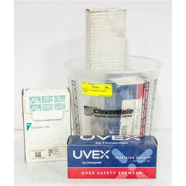 BUCKET OF ASSORTED SAFETY ITEMS
