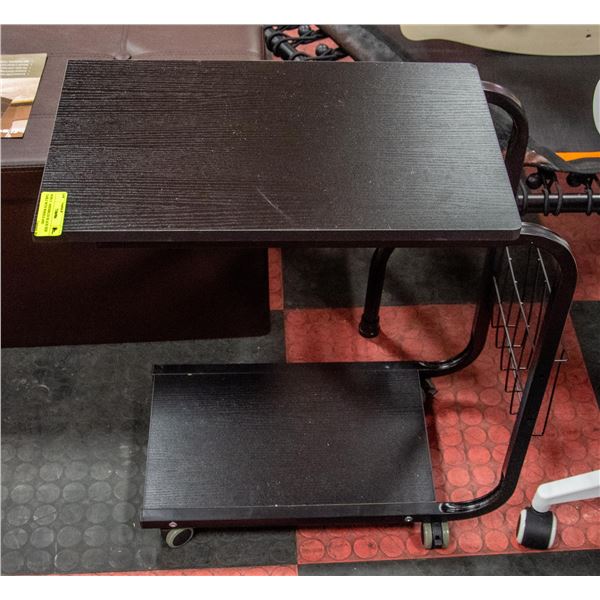 NEWLY ASSEMBLED BLACK SIDE TABLE WITH WHEELS AND