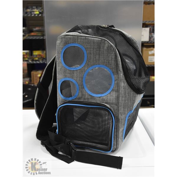 NEWLY ASSEMBLED PET CARRIER BACKPACK, BLUE/GREY