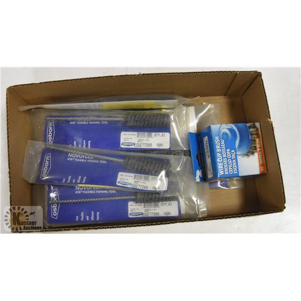 BOX WITH OSBORN HORNING TOOLS AND WIRE CUP BRUSH