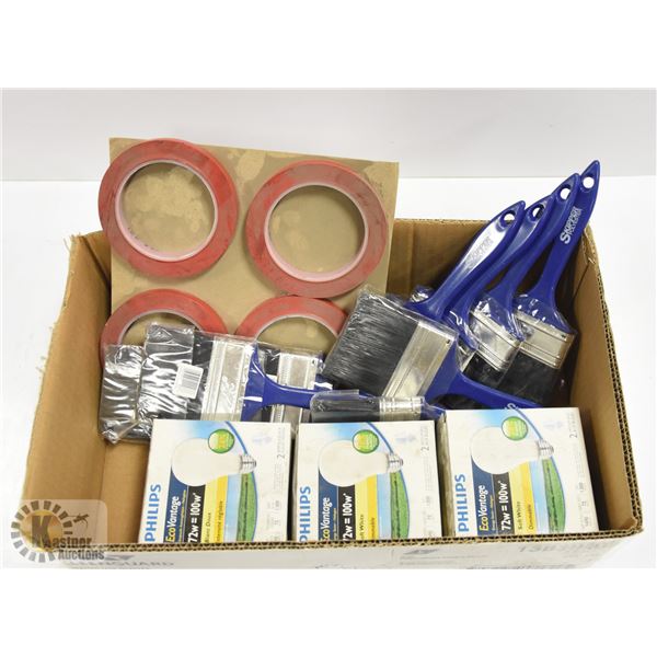 LOT OF PAINT BRUSHES, 3M TAPE, LIGHT BULBS & MORE