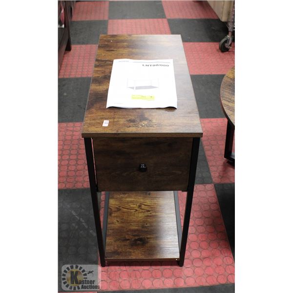 NEWLY ASSEMBLED RUSTIC BROWN SIDE TABLE W/ DRAWER
