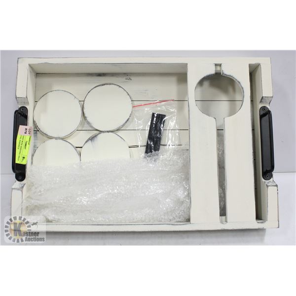 IKKLE WOOD WINE SERVING TRAY WITH METAL HANDLES