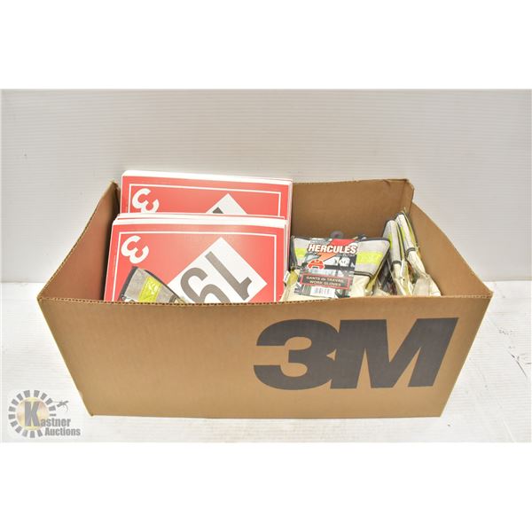 BOX OF FLAMMABLE SIGNS AND GLOVES