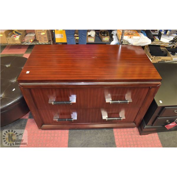 WOOD TONE 2 DRAWER CABINET WITH MARBLE HANDLES