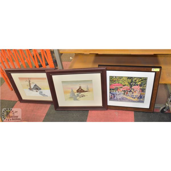 3 FRAMED WALL ART PIECES APPROX 20" 24" EACH