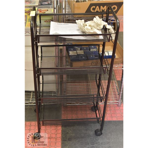 NEWLY ASSEMBLED BLACK 4 TIER METAL ROLLING CART