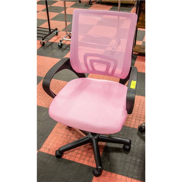 NEWLY ASSEMBLED PINK OFFICE CHAIR WITH MESH BACK