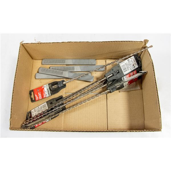BOX WITH FILES AND MILWAUKEE 1/4" X 14" DRILL BITS