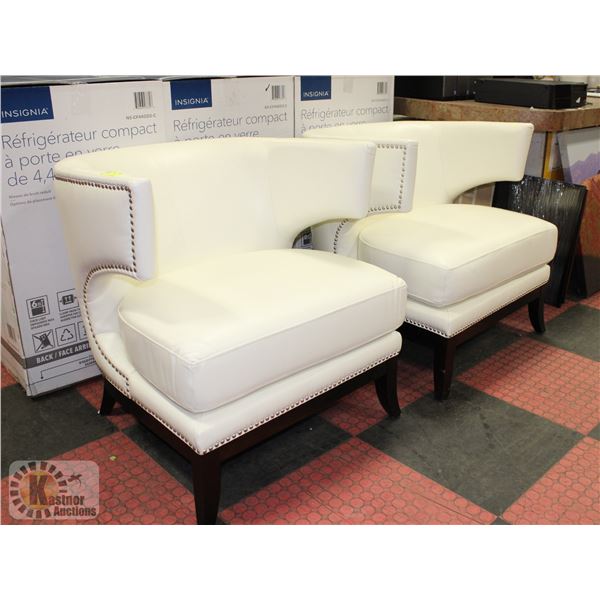 PAIR OF OFF WHITE LEATHER STYLE STUDDED CHAIRS