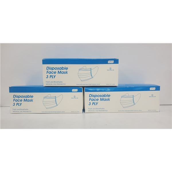 3 BOXES OF 3-PLY DISPOSIBLE FACE MASKS 50 PER BOX