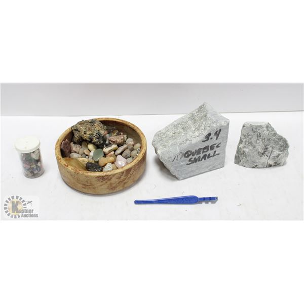 2 PIECES OF SOAPSTONE, A SCRIBE & A ROCK/GEM