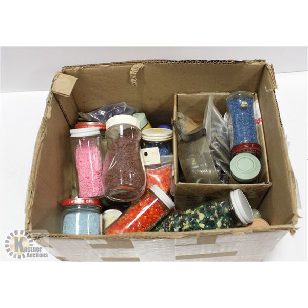 MANY JARS OF COLORED GLASS AND LEAD STRIPS