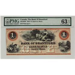 Bank of Brantford, 1859 $1 CH-40-12-02R. PMG UNC63EPQ.