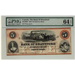 Bank of Brantford, 1859 $5 CH-40-12-08R. PMG UNC64EPQ.