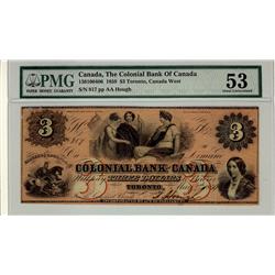 The Colonial Bank of Canada, 1859 $3 CH-130-10-04-06. PMG AU