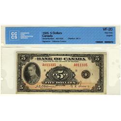 1935 $5 BC-5 #A011335. CCCS VF20.