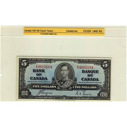 1937 $5 BC-23c #DS4603184. CCGS UNC63.