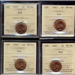 1¢ 1947 ICCS MS64RD. Lot of 4 coins all MS64RD