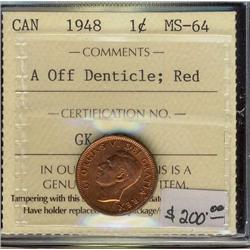 1948  1¢ A Off Denticle  ICCS MS64 Red.