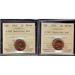 1¢ 1949 A Off Dent ICCS MS64RD.  Lot of two coins both full 