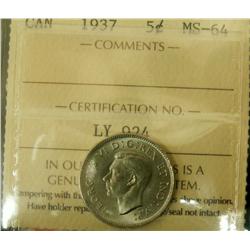 5¢ 1937 ICCS MS64. Lustrous example.