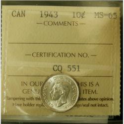 10¢ 1943 ICCS MS65. Gem blast white example.