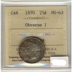 1870 25¢ Obv#1 ICCS MS63.  A super Victorian example.