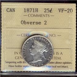 1871H 25¢ Obv 2 ICCS VF20.