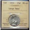 Image 1 : 1953 25¢ Large Date ICCS MS65.