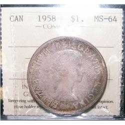 $1 1958 ICCS MS64.  PQ example with absolutely great eye app