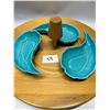 Image 3 : Large Wood & Ceramic Party Tray Serving Hosting Lazy Susan Approx: 17.5"W 7"T