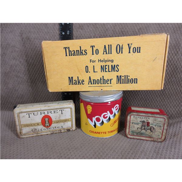 1 Cigar Box, 3 Tobacco Tins