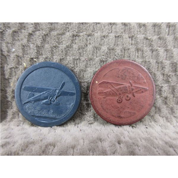 1930's?? Clay Airplane Poker Chips - 1 Blue, 1 Red