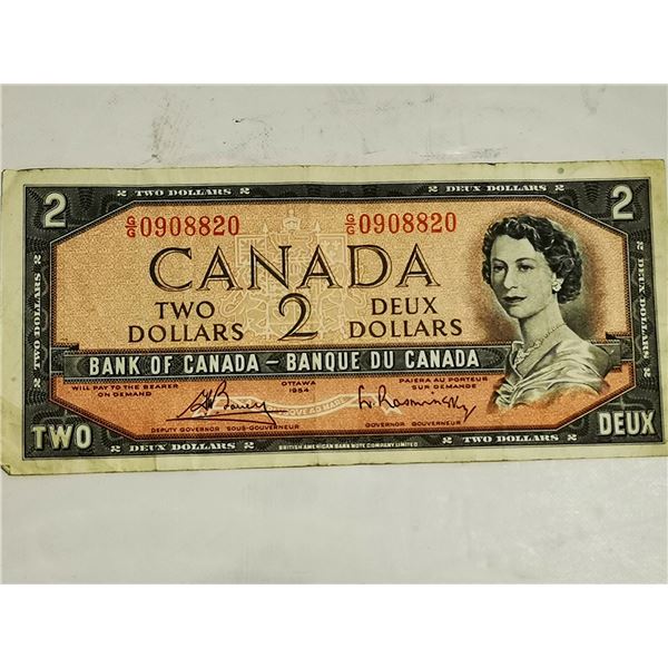 1954 BANK OF CANADA $2 BANKNOTE 0908820
