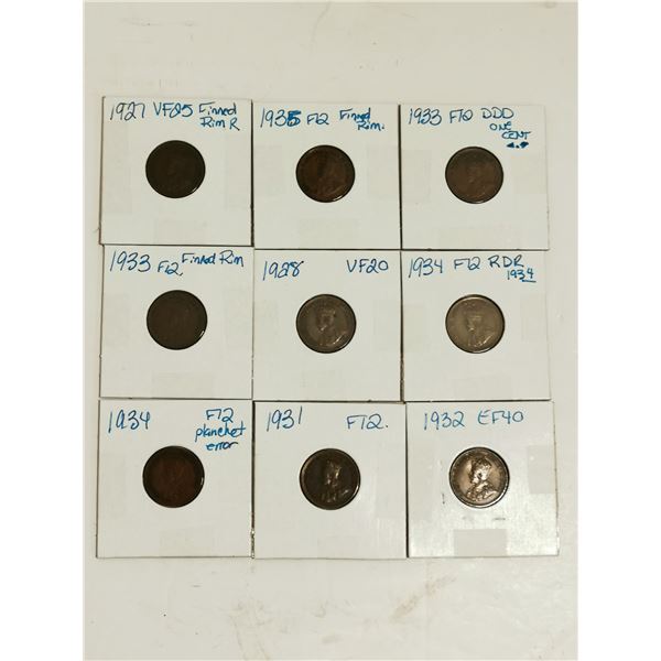 LOT OF 9 KING GEORGE V ONE CENT PENNIES