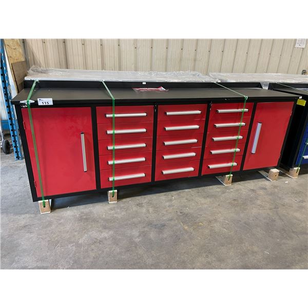 RED STEELMAN 15 DRAWER 2 DOOR WORK BENCH H36  X W113  X D29  WITH ANTI-SLIP LINING LOCKING