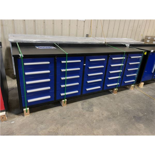 BLUE STEELMAN 25 DRAWER WORK BENCH H36" X W113" X D29" WITH ANTI-SLIP LINING LOCKING DRAWERS AND