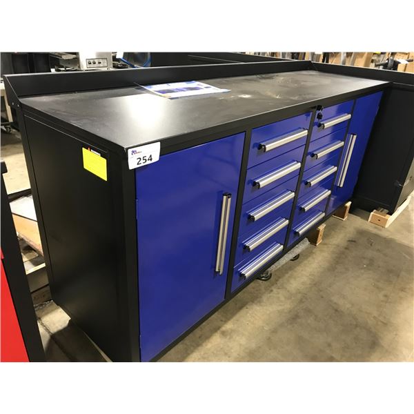 BLUE STEELMAN 10 DRAWER 2 DOOR WORK BENCH H36" X W88" X D26" WITH ANTI-SLIP LINING LOCKING