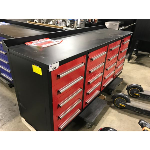 RED STEELMAN 20 DRAWER WORK BENCH H36  X W88  X D26  WITH ANTI-SLIP LINING, LOCKING