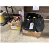 Image 1 : BOX OF ASSORTED TOOLS, BLACK SORTER BAG OF PAINT SUPPLIES & BOX OF BLACK SILVERWARE WRAP