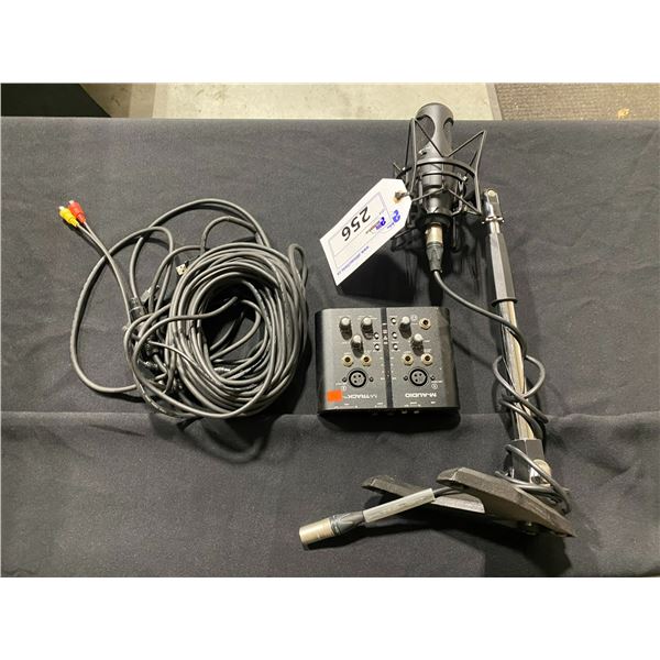 ART M-TWO CARDIOID FET CONDENSER MICROPHONE WITH STAND, CABLING AND M-TRACK 2 CHANNEL USB AUDIO/