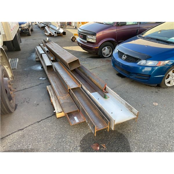 STACK OF ASSORTED LENGTH HEAVY DUTY STEEL I-BEAMS, SQUARE STOCK & ANGLE ...