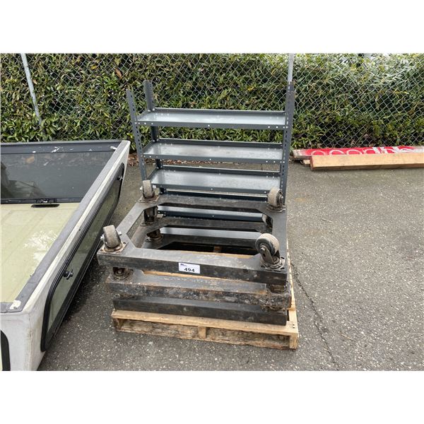 3 METAL 4 WHEEL CARTS, 2 TIER METAL MOBILE SHOP CART & METAL SMALL PARTS SHELF