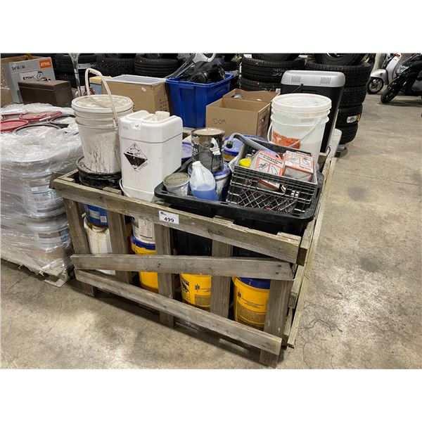 PALLET OF ASSORTED PAILS OF MASONRY CHEMICALS & TOOLS