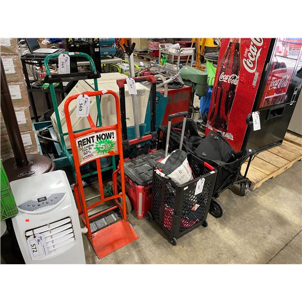 2 INDUSTRIAL HAND CARTS, MILWAUKEE MOBILE TOOL BOX, FOLDING MOBILE CART, COLEMAN TENT & FOLDING