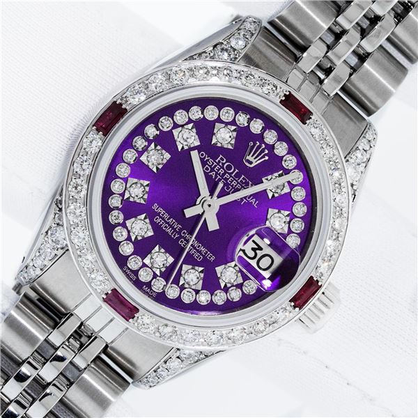 Rolex Ladies Stainless Steel 26MM Purple String Diamond Lugs Datejust Wristwatch