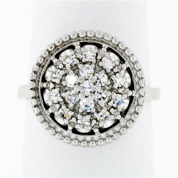 Vintage 14K White Gold Old Single Cut Diamond 0.55 ctw Round Platter Cluster Rin