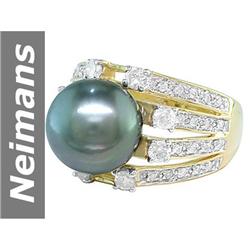 11.5 MM Black Tahitian Pearl & Diamond Ring 14kt Gold